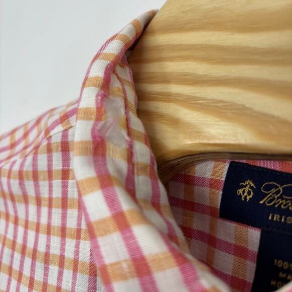 Brooks Brothers Large Orange Red Plaid 100% Linen Short Sleeve Button Down Shirt - Picture 3 of 5